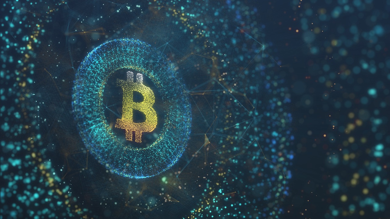 Gouden Bitcoin-symbool in een blauwe deeltjescirkel